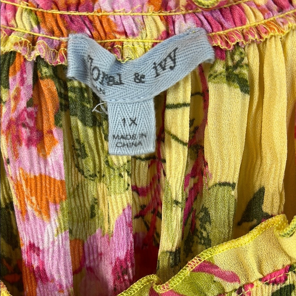 Floral & Ivy Yellow and Pink Women's Tunic Style Blouse ruffled neck like new - Picture 2 of 5